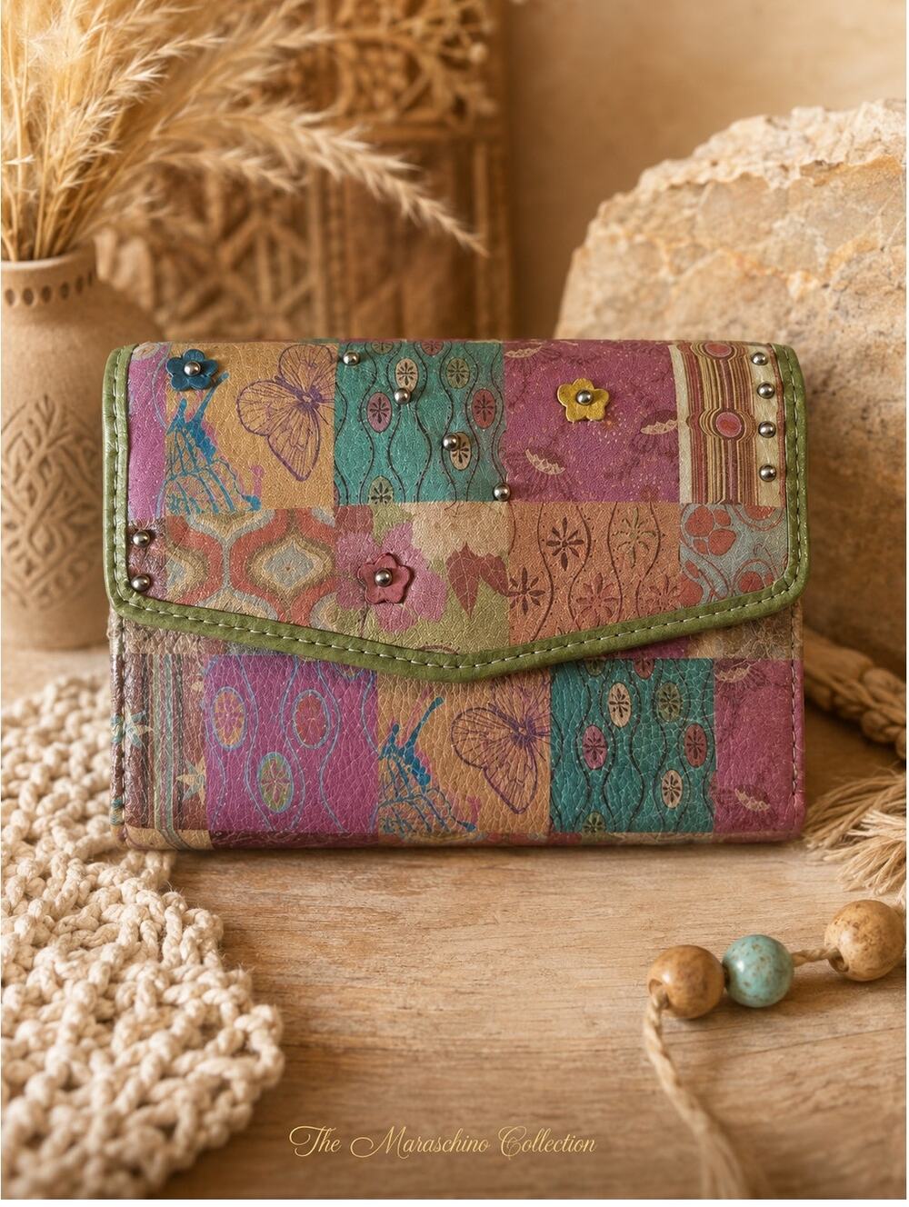Fossil SL-839786 Leather Patchwork Trifold Wallet Multicolor Boho NWT